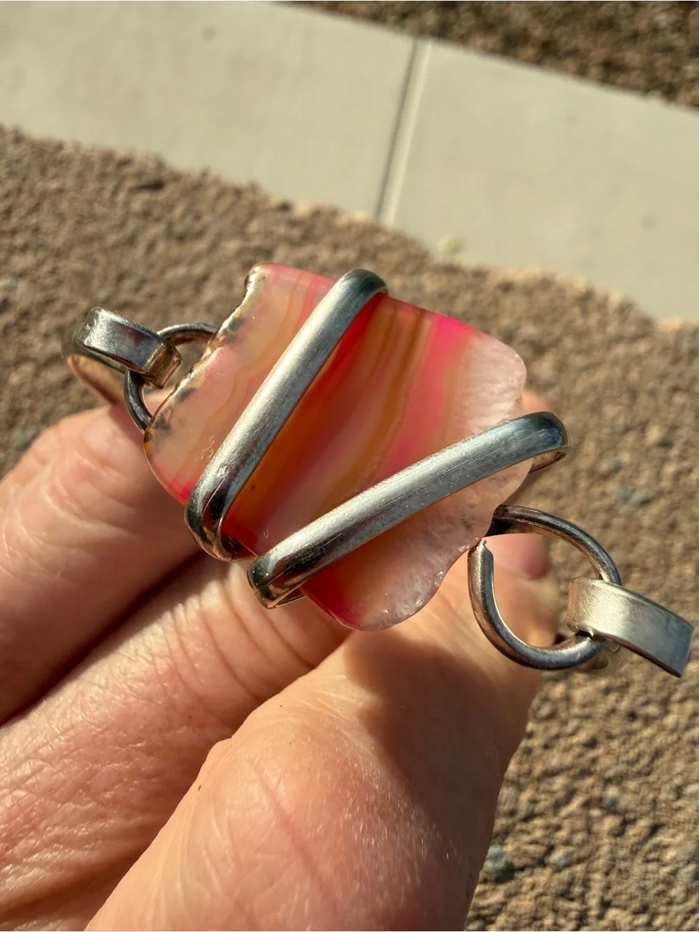 Handmade Sterling Silver Wire-Wrapped Cuff Bracelet | Pink & Orange Banded Agate